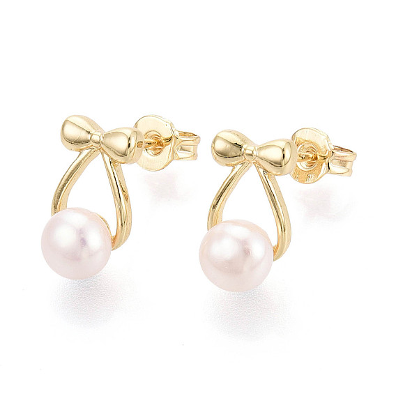 Серьги-гвоздики из латуни и натурального жемчуга, бантом