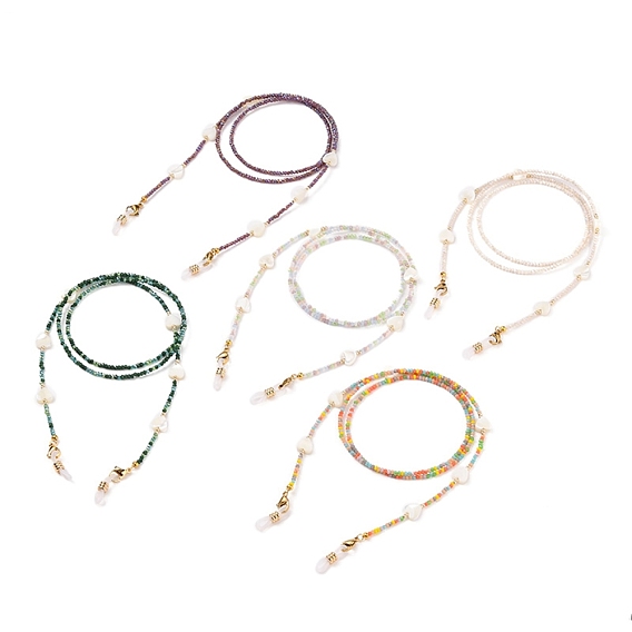 Eyeglasses Chains, Neck Strap for Eyeglasses, with Electroplate Glass Beads, Heart Natural Shell Beads, 304 Stainless Steel Lobster Claw Clasps and Rubber Eyeglass Holders