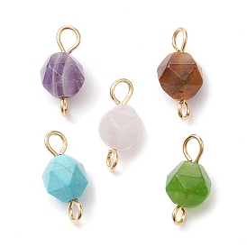 Faceted Natural Mixed Gemstone Star Cut Round Connector Charms, with 304 Stainless Steel Double Loops, Mixed Dyed and Undyed