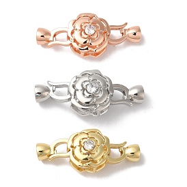 Rack Plating Brass Micro Pave Clear Cubic Zirconia Fold Over Clasps, Cadmium Free & Lead Free, Long-Lasting Plated, Flower