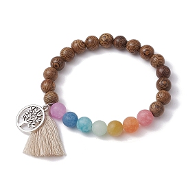 Natural Dyed White Jade & Wood Round Beaded Stretch Bracelet, with Alloy Tree of Life Charms