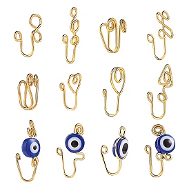 12Pcs 12 Style Evil Eye & Wire Wrap Brass Nose Rings, Nose Cuff Non Piercing, Clip on Nose Ring for Women Men