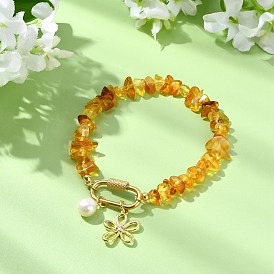 Браслеты с подвесками в виде цветов из латуни и прозрачных кубических цирконий, Эластичные браслеты из натуральных янтарных бусин для женщин, с бусиной из натурального культивированного пресноводного жемчуга