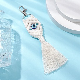 Handmade Macrame Cotton Threads & Resin Evil Eye Pendant Decoration, Alloy Swivel Clasps Charms for Bag Ornaments