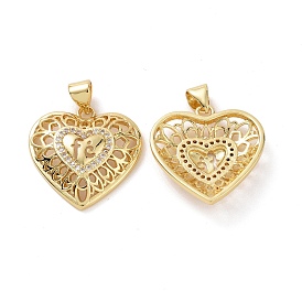 Brass Cubic Zirconia Pendants, Hollow Heart with Word fe Charm