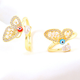 Fashionable Butterfly Pearl Geometric Open Ring with Zirconia, Copper Plated Gold for Luxurious Look