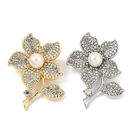 Flower Alloy Rhinestone Lapel Pin Brooches, with Plastic Imitation Pearl
