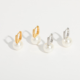 Geometric Dual-tone Pearl Earrings with 14K Gold Plating and Zircon Stones