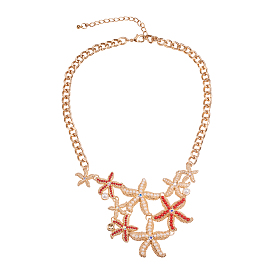 Alloy Bib Statement Necklaces, with Acrylic Beads and Rhinestone, Iron Curb Chain, Starfish