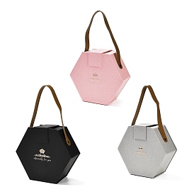 Valentine's Day Hexagon Cardboard Gift Boxes, with PU Imitation Leather Handles