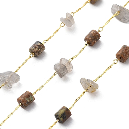 Natural Mixed Gemstone Chips & Column Beaded Chains, with Brass Findings, Soldered, with Spool