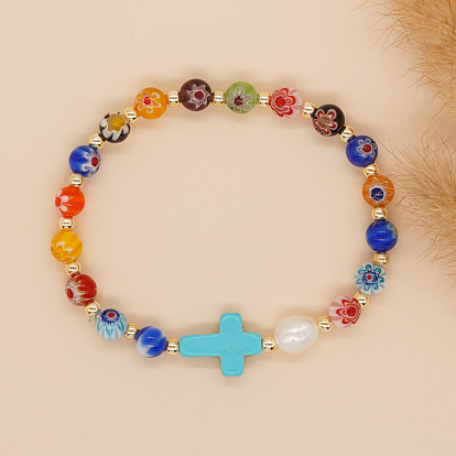 Браслеты из круглых бусин ручной работы в технике лэмпворк, синтетические бирюзовые крестики для женщин, с имитацией жемчуга