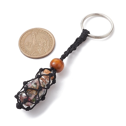 Natural & Synthetic Gemstone Wishing Bottle Keychain, Nylon Cord Macrame Pouch Stone Holder, with Iron Split Key Rings and Wood Bead