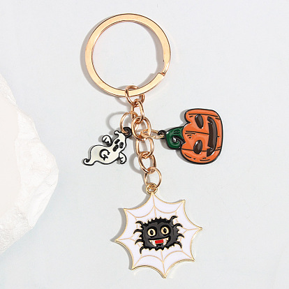 Zinc Alloy Enamel Ghost Pumpkin Pendant Halloween Keychain, with Iron Key Ring