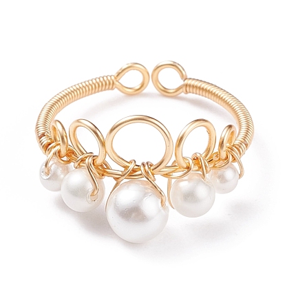 Shell Pearl Braided Crown Open Cuff Ring, Copper Wire Wrap Jewelry for Women