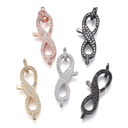 Brass Micro Pave Cubic Zirconia Lobster Claw Clasps, with Bail Beads/Tube Bails, Long-Lasting Plated, Number 8