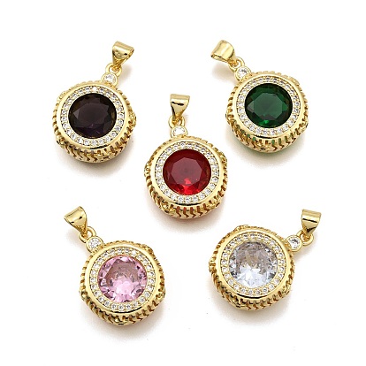 Латунные микро проложить кубического циркония подвески, плоско-круглые, стойки покрытие, долговечный, без свинца и без кадмия, реальный 18 k позолоченный