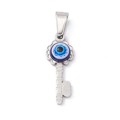 304 Stainless Steel Resin Pendants, Key Charms with Evil Eye