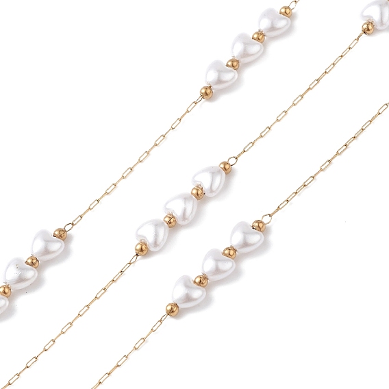 304 Stainless Steel Link Chains, with Plastic Imitation Pearl Heart Beads & Spool, Unwelded