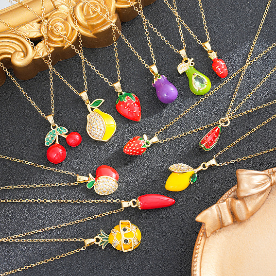 Brass Enamel Fruit Pendant 201 Stainless Steel Cable Chain Necklaces for Women, Ion Plating(IP), Real 18K Gold Plated