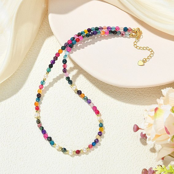 Collares de cuentas de ágata natural redonda facetada (teñida y tratada térmicamente), perlas y latón para mujer., colorido
