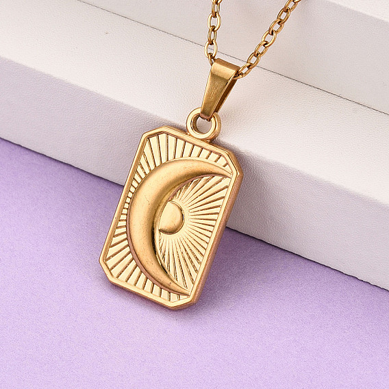 304 подвесные из нержавеющей стали ожерелья, Прямоугольник с луной, ионное покрытие (ip)