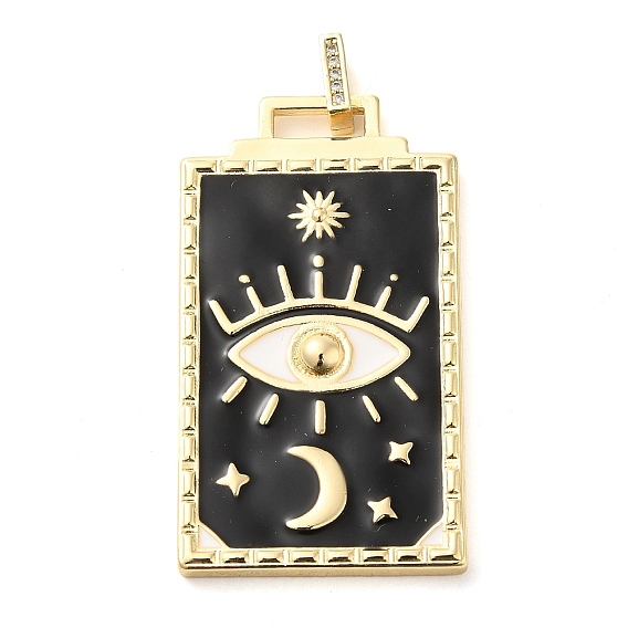 Real 18K Gold Plated Brass Rhinestone Pendants, with Enamel, Rectangle with Eye & Moon Charm