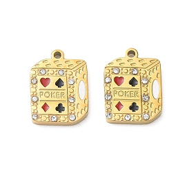 304 Stainless Steel Enamel Pendants, Cuboid with Playing Cards Charms, with Rhinestone