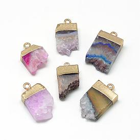 Natural Druzy Agate Pendants, with Brass Findings, Dyed, Golden