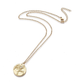 Brass Micro Pave Clear Cubic Zirconia Pendant Necklaces, with 304 Stainless Steel Cable Chains, Flat Round with Angel