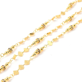 Handmade Brass Link Chains, with Round Brass Beads & Flat Round Glass Beads, Long-Lasting Plated, Soldered, with Spool, Rhombus, Golden
