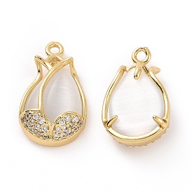 Brass Micro Pave Clear Cubic Zirconia Pendants, with Cat Eye, Flower Charm