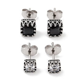 Square 316 Surgical Stainless Steel Pave Cubic Zirconia Stud Earrings for Women Men, Antique Silver