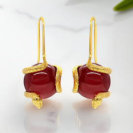 Boucles d'oreilles pendantes vintage en argent sterling avec serpent en agate rouge