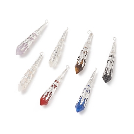 7Pcs 7 Styles Natural Mixed Stone Pointed Big Pendants, Faceted Bullet Charm, with Silver Color Plated Iron Findings
