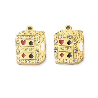 304 Stainless Steel Enamel Pendants, Cuboid with Playing Cards Charms, with Rhinestone