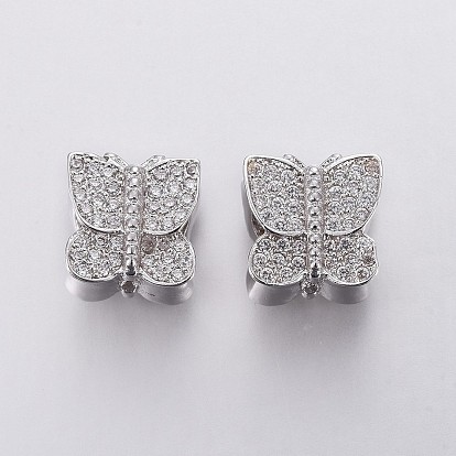 Brass Micro Pave Cubic Zirconia European Beads, Large Hole Beads, Butterfly, Clear