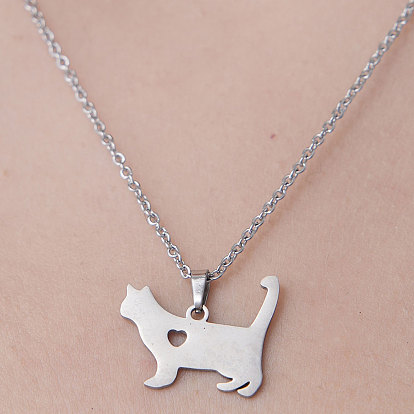 201 Stainless Steel Cat with Heart Pendant Necklace