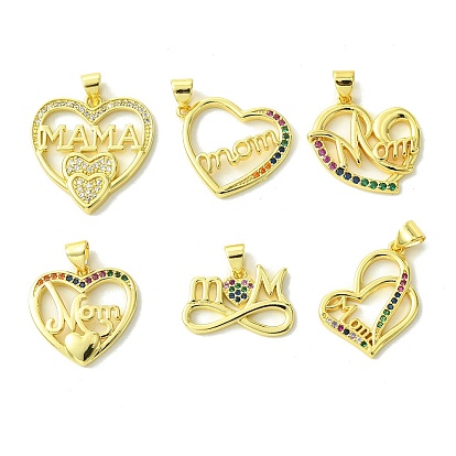 Brass Micro Pave Cubic Zirconia Pendants, Heart with Word Mon
