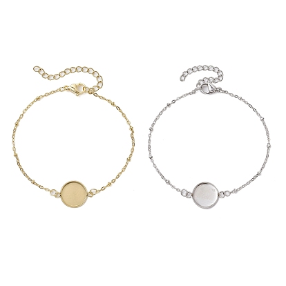 2Pcs 2 Colors 304 Stainless Steel Round Cabochon Setting Bracelets, Satellite Chain Bracelets Making