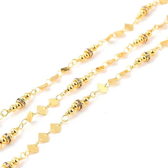 Handmade Brass Link Chains, with Round Brass Beads & Flat Round Glass Beads, Long-Lasting Plated, Soldered, with Spool, Rhombus, Golden