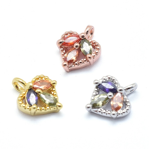 Brass Charms, with Cubic Zirconia, Lead Free & Cadmium Free & Nickel Free, Heart