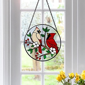 Round Acrylic Stained Window Planel with Chain, Window Suncatcher Home Hanging Ornaments, Bird Pattern