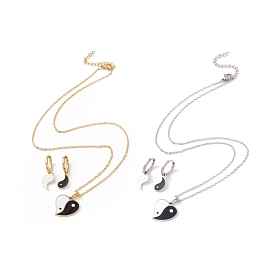 Enamel Yin Yang Dangle Hoop Earrings and Pendant Necklace, 304 Stainless Steel Jewelry Set for Women