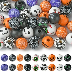 45piezas 9 cuentas europeas de madera redondas impresas en colores, cuentas de agujero grande con tema de halloween