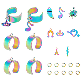 Набор для самостоятельного изготовления кольца-манжеты, включая 201 основание в форме кольца из нержавеющей стали и подвески, молния, нож, солнце, сердце, корона и Эйфелева башня