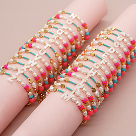 Bracelet de perles tressées en perles naturelles avec lettre initiale, bracelet réglable