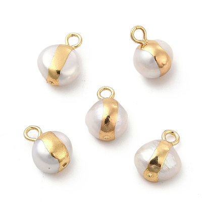 Natural Pearl Charms, with Brass Loops, Flat Round
