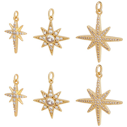 6 шт 3 стили латунные подвески из микропаве с фианитом, с прыжковых колец, звезда очарование