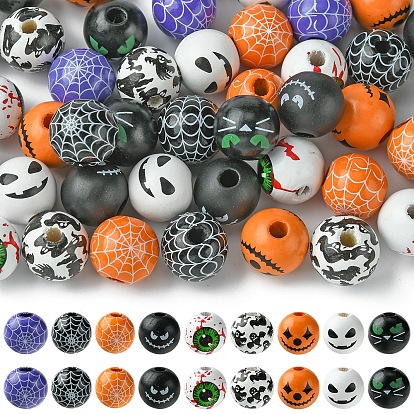 45piezas 9 cuentas europeas de madera redondas impresas en colores, cuentas de agujero grande con tema de halloween